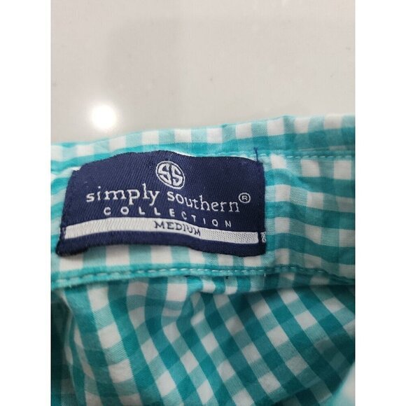 Simply Southern Vented Teal Green Gingham Check Button Shirt Women's Medium - Picture 7 of 8
